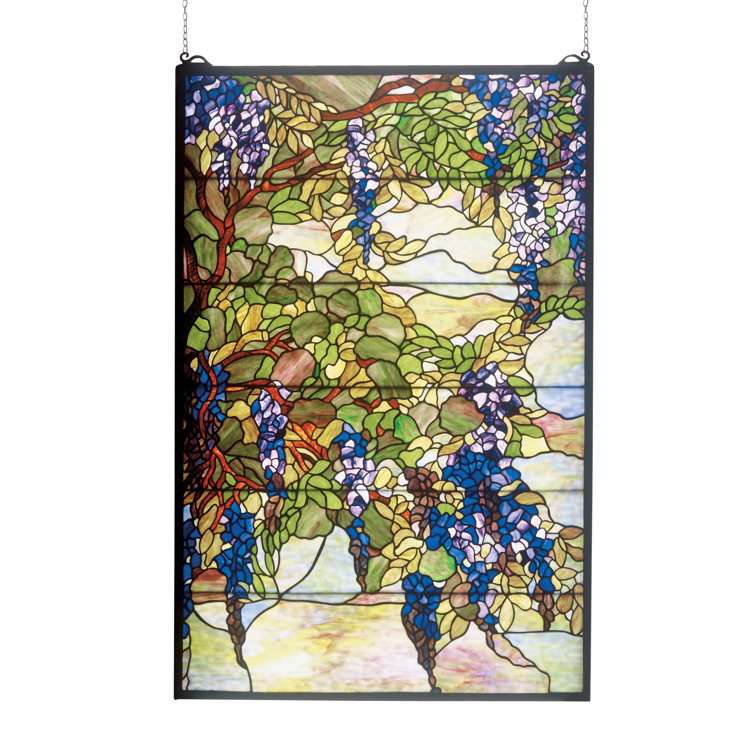 Large Bronze Framed Stained Glass Window with Wisteria Design
