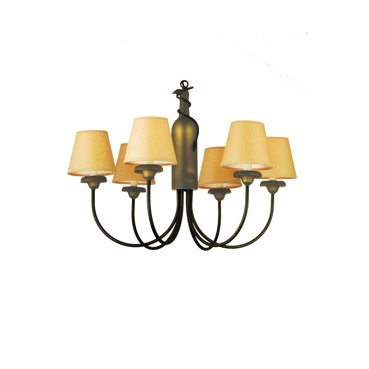 Green Hand-Forged Brass 6-Light Chandelier with Parchment Shades