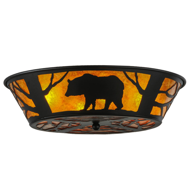 Black Bear Woods 22" Black Steel Flush Mount with Amber Mica Panels