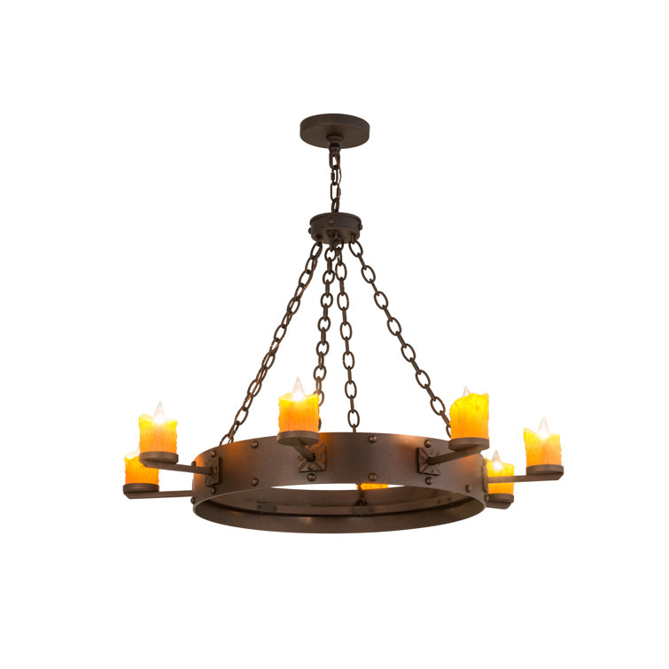Kingston Rustic 8-Light Wagon Wheel Chandelier with Amber Faux Candles
