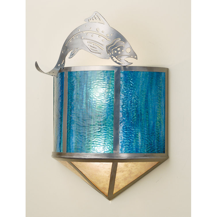 Leaping Trout 22'' Black Steel Direct Wired Sconce with Silver Pond Blue Glass Shade