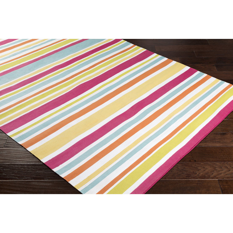 Handmade Bright Pink and Yellow Striped Synthetic Rug
