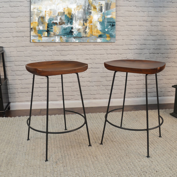 Chestnut Mango Wood and Black Iron Backless Counter Stools, Set of 2