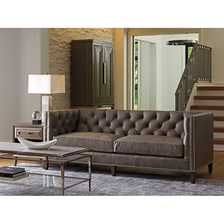 Camille Full Grain Brown Leather Tufted Sofa with Nailhead Trim