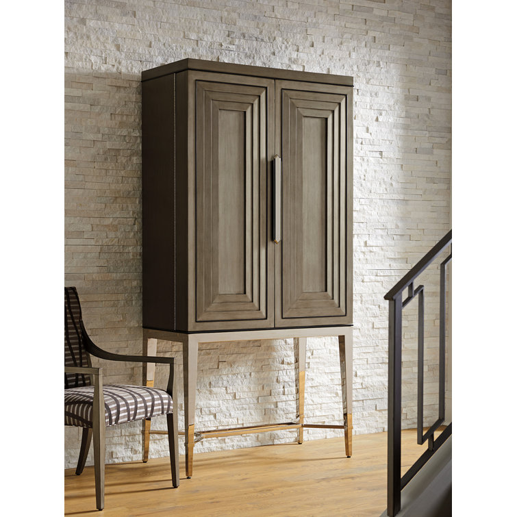 Ariana Tall Medium Brown Wooden Bar Cabinet with Platinum Legs