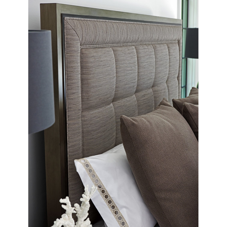 Transitional King Upholstered Bed with Tufted Gray Headboard and Storage Drawer