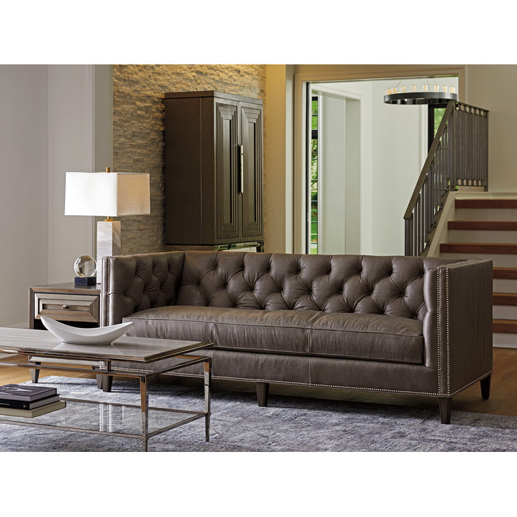 Brown Tufted Leather Sofa with Nailhead Trim and Wood Legs