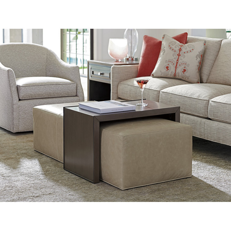 Cream Leather Cocktail Ottoman with Sliding Table