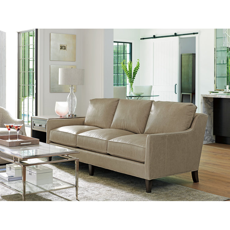 Misty Gray Leather Track Arm Sofa with Down Fill Cushions