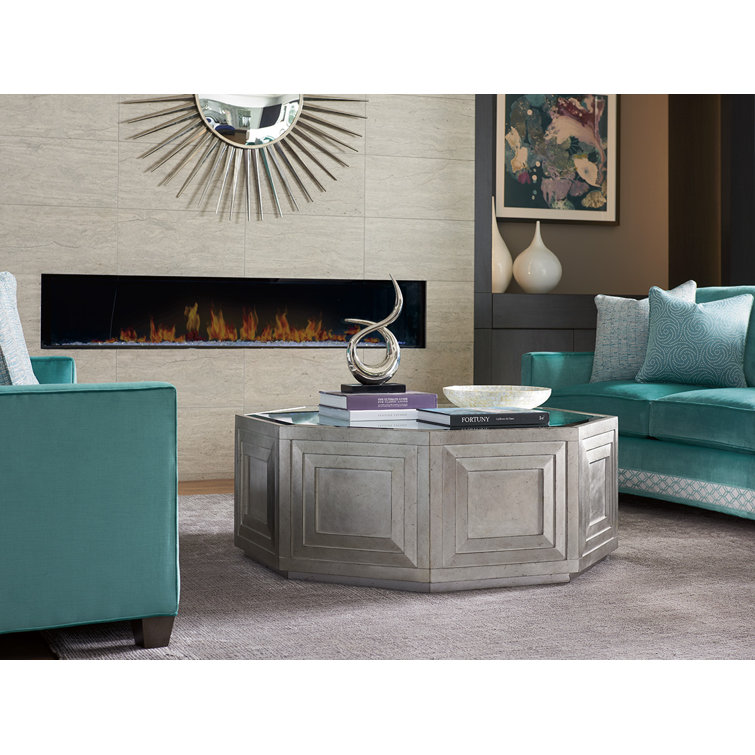 Beige and Silver Contemporary Octagonal Cocktail Table with Storage
