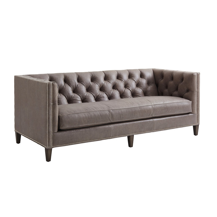 Brown Tufted Leather Sofa with Nailhead Trim and Wood Legs