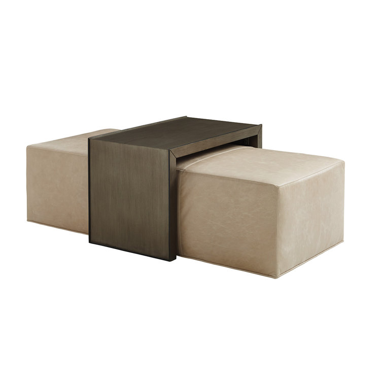 Cream Leather Cocktail Ottoman with Sliding Table
