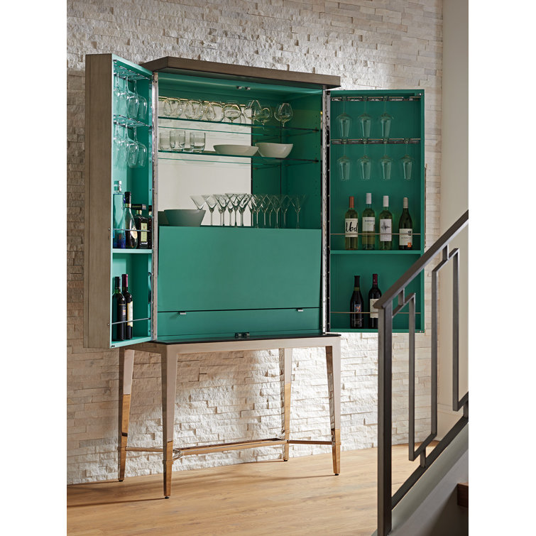 Ariana Tall Medium Brown Wooden Bar Cabinet with Platinum Legs