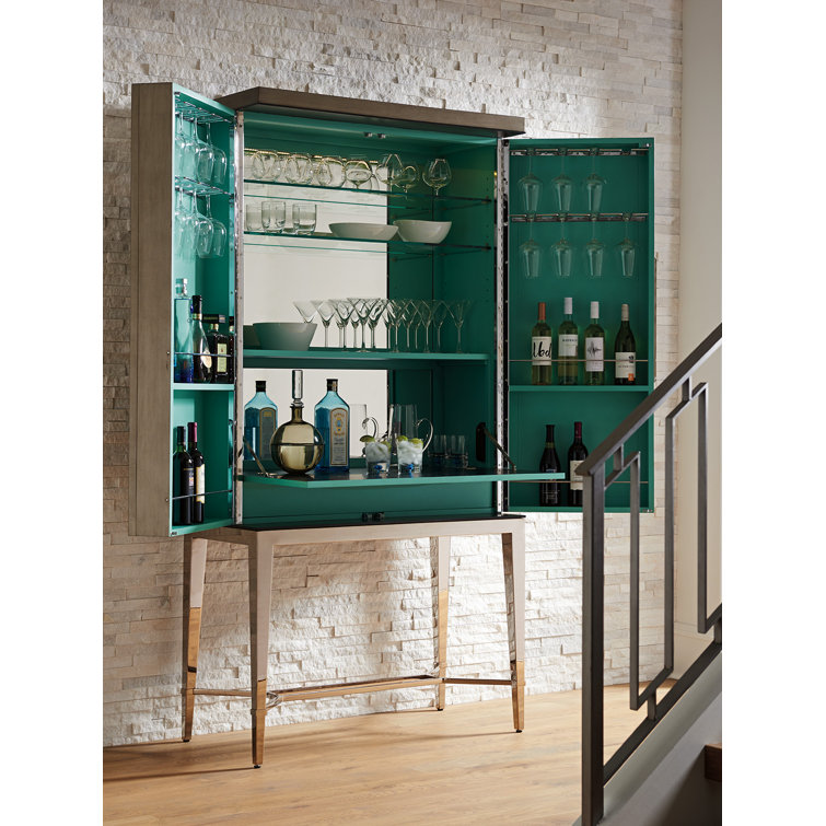 Ariana Tall Medium Brown Wooden Bar Cabinet with Platinum Legs