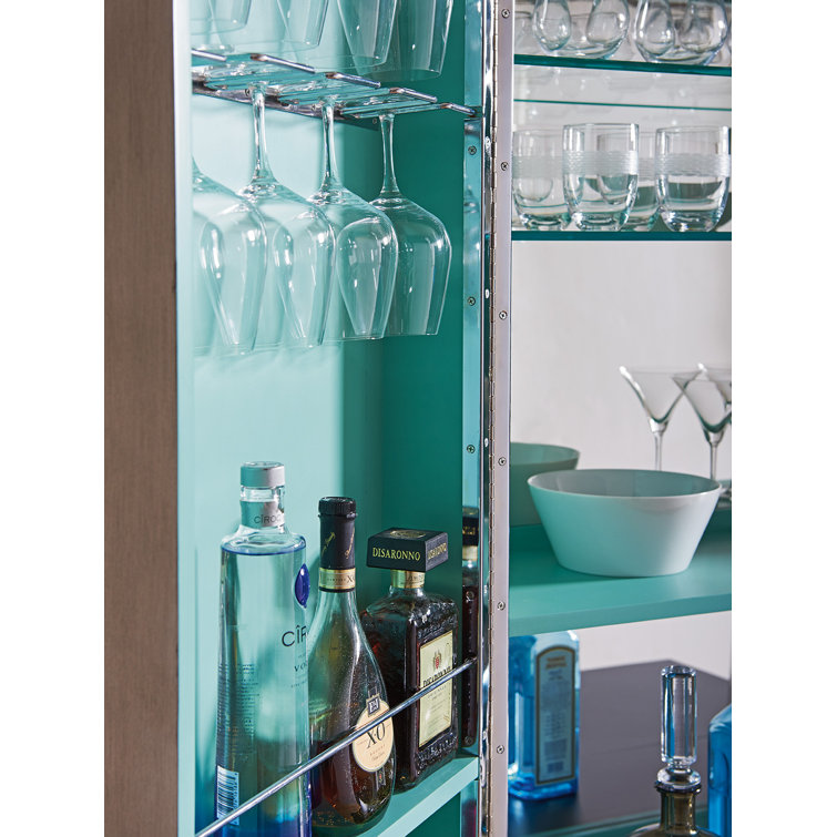 Ariana Tall Medium Brown Wooden Bar Cabinet with Platinum Legs