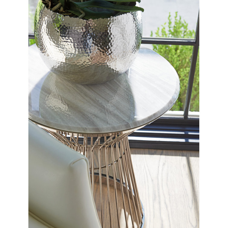 Contemporary 18" Round Silver Stone and Metal Accent Table