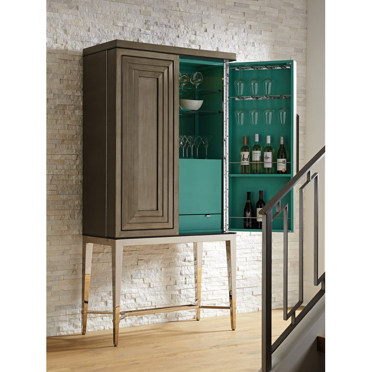 Ariana Tall Medium Brown Wooden Bar Cabinet with Platinum Legs