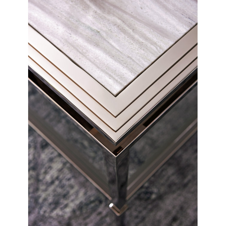 Rectangular Silver Marble Cocktail Table with Storage