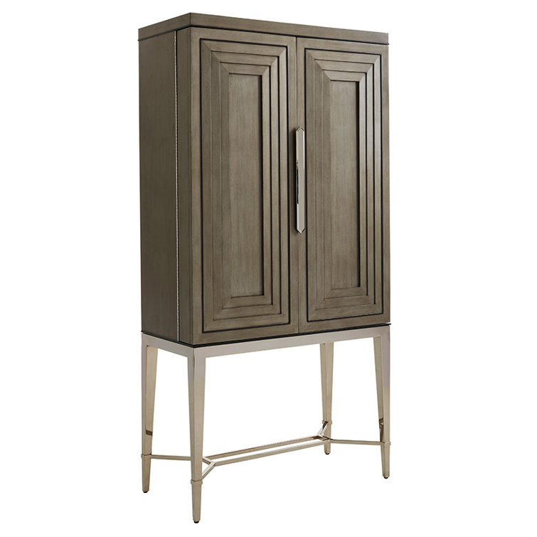 Ariana Tall Medium Brown Wooden Bar Cabinet with Platinum Legs