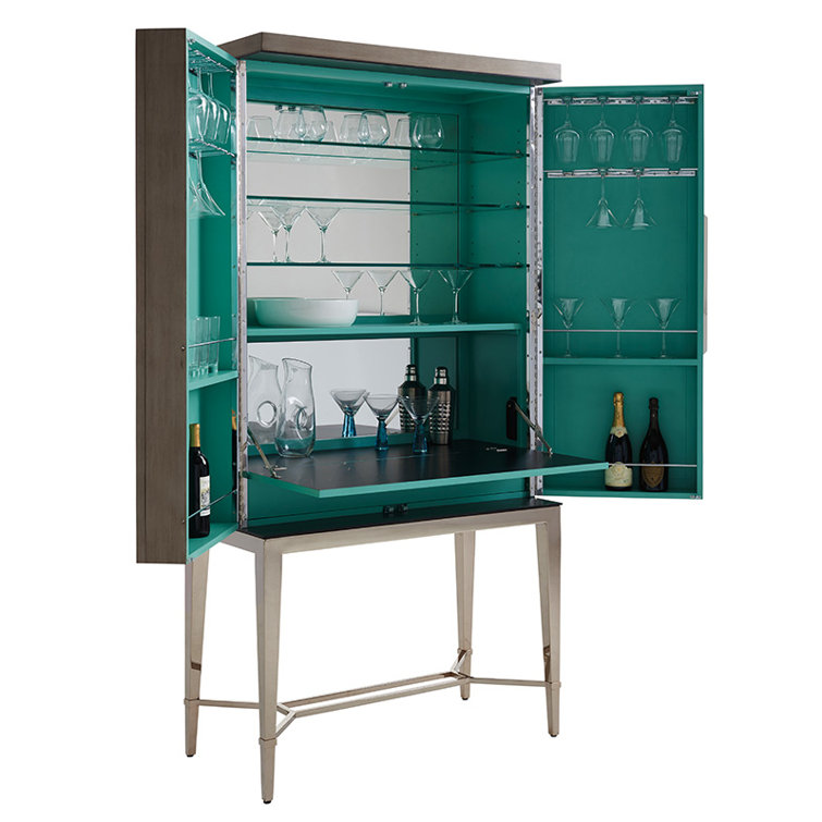 Ariana Tall Medium Brown Wooden Bar Cabinet with Platinum Legs