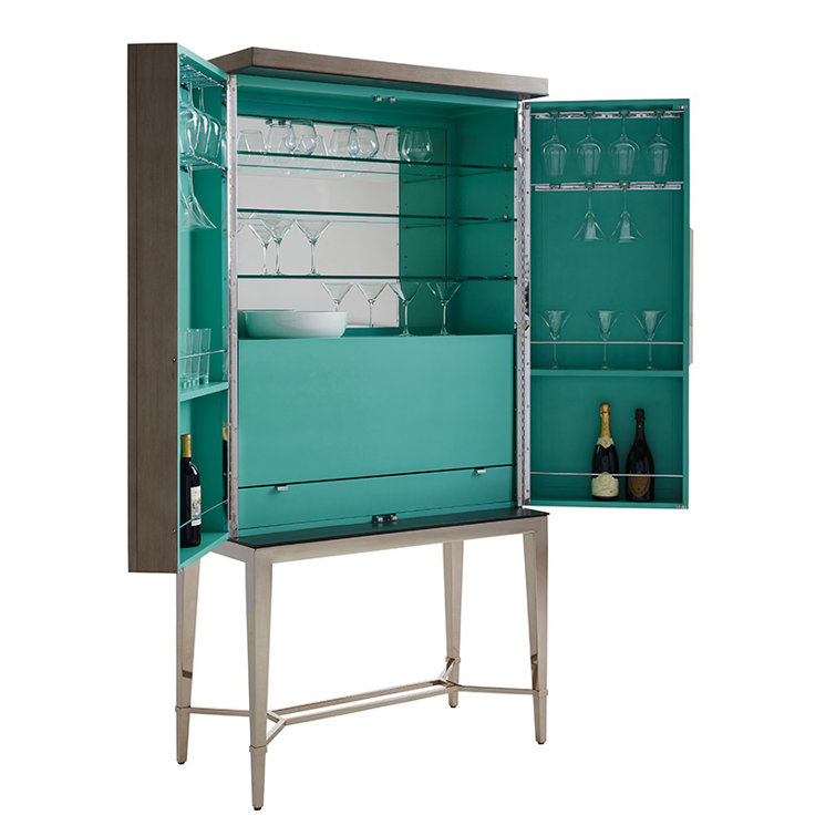 Ariana Tall Medium Brown Wooden Bar Cabinet with Platinum Legs
