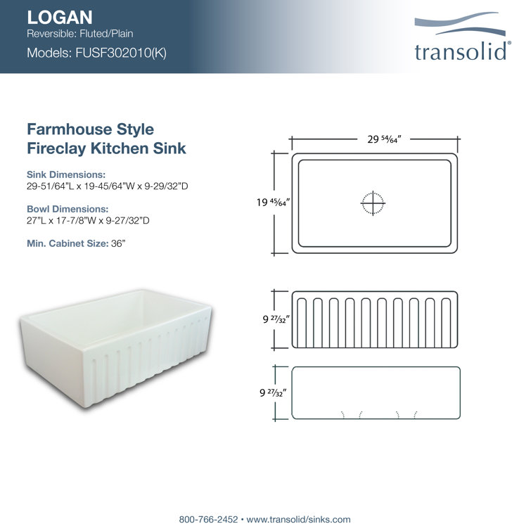 Logan 30'' White Fireclay Farmhouse Drop-in Kitchen Sink