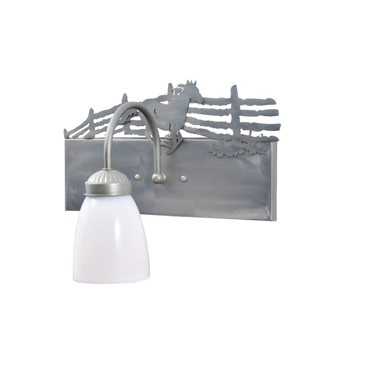 Steel Horse Motif Vanity Sconce with White Glass Shade