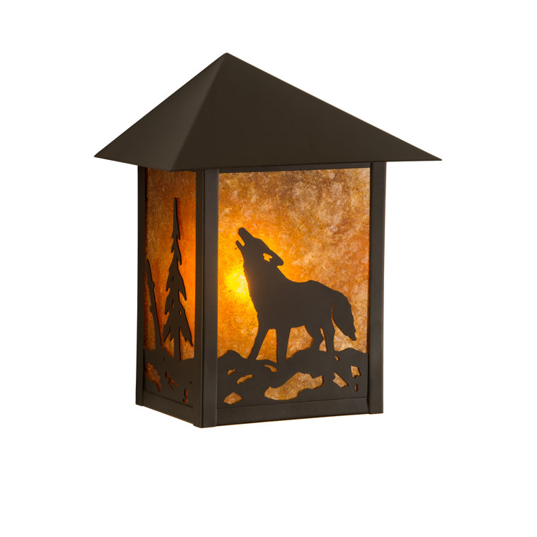 Rustic Black Wolf Outdoor Wall Sconce with Amber Glass