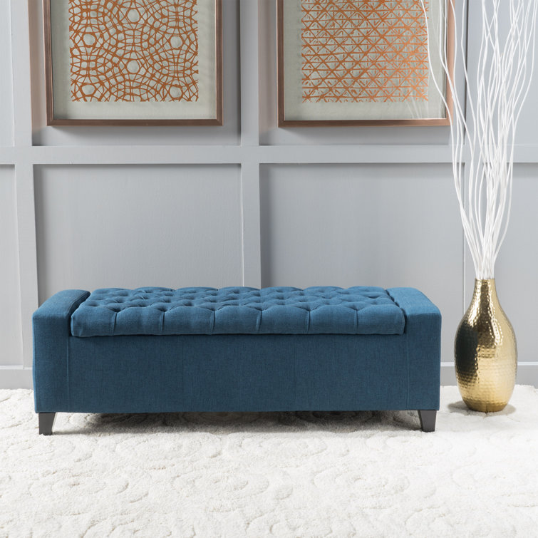 Dark Blue Tufted Fabric Storage Ottoman with Birch Legs