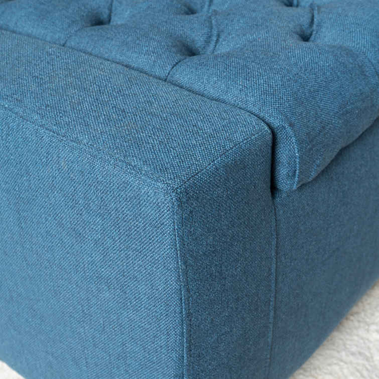 Dark Blue Tufted Fabric Storage Ottoman with Birch Legs