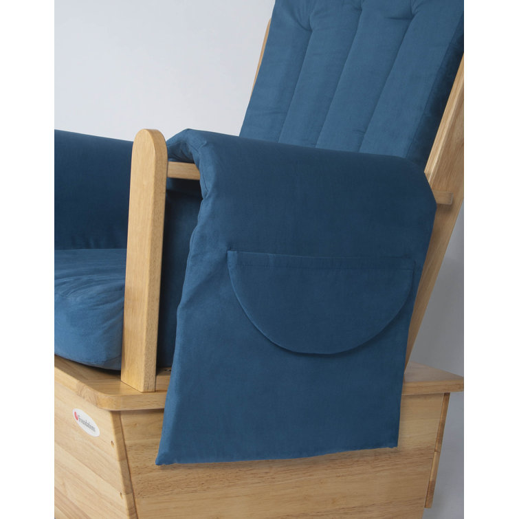 Natural Wood Swivel Glider Rocker with Blue Microfiber Cushions