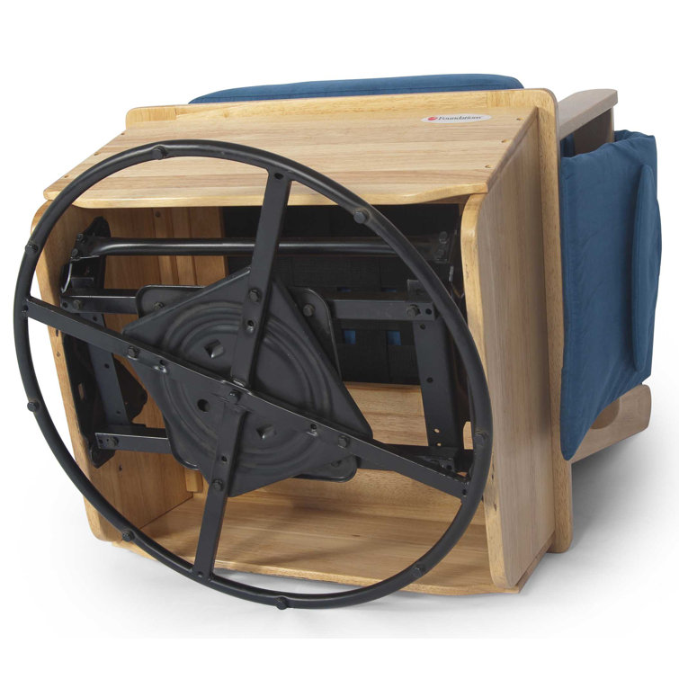 Natural Wood Swivel Glider Rocker with Blue Microfiber Cushions