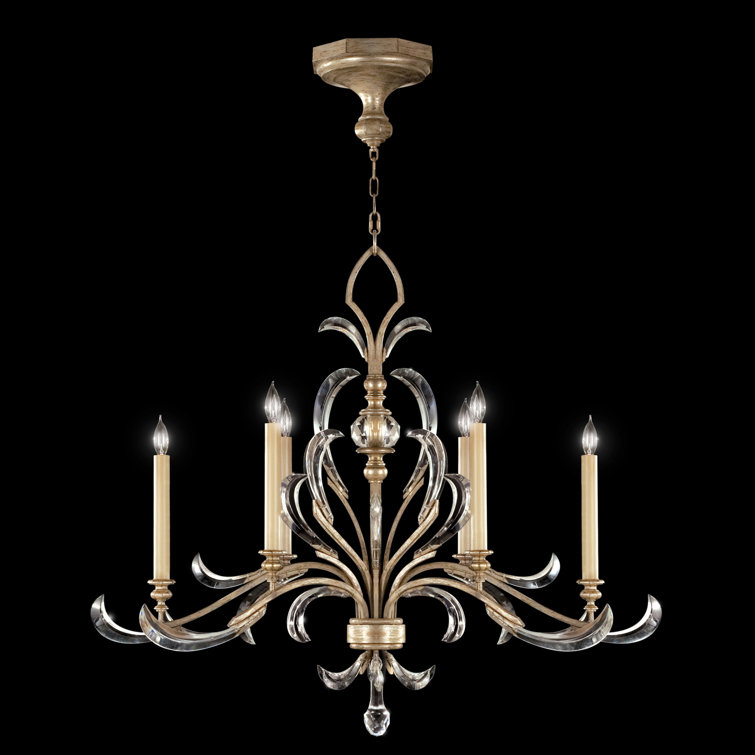 Elegant Silver Leaf 6-Light Chandelier with Arcing Beveled Crystals