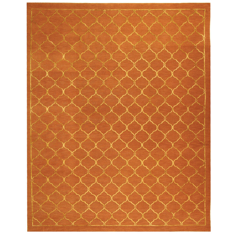 Rust Red Hand-Knotted Wool and Silk Geometric Rug, 8' x 10'