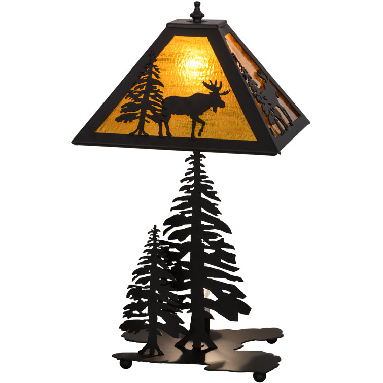 Rustic Bronze Moose and Pine Tree Table Lamp