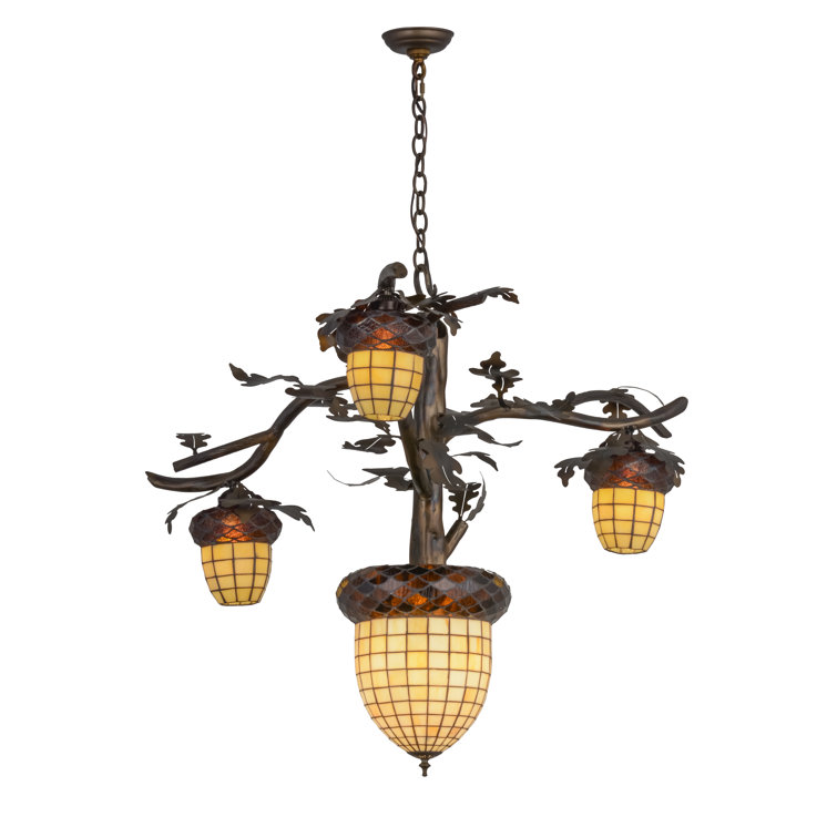 Acorn Branch Beige Art Glass Chandelier in Antique Copper Finish