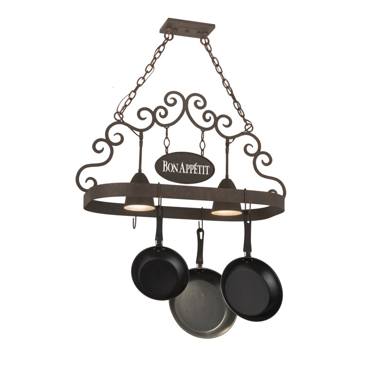 Gilded Tobacco Metal Hanging Pot Rack with Lights