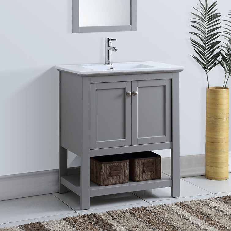 30" Grey Solid Wood & MDF Country Bathroom Vanity with Ceramic Sink