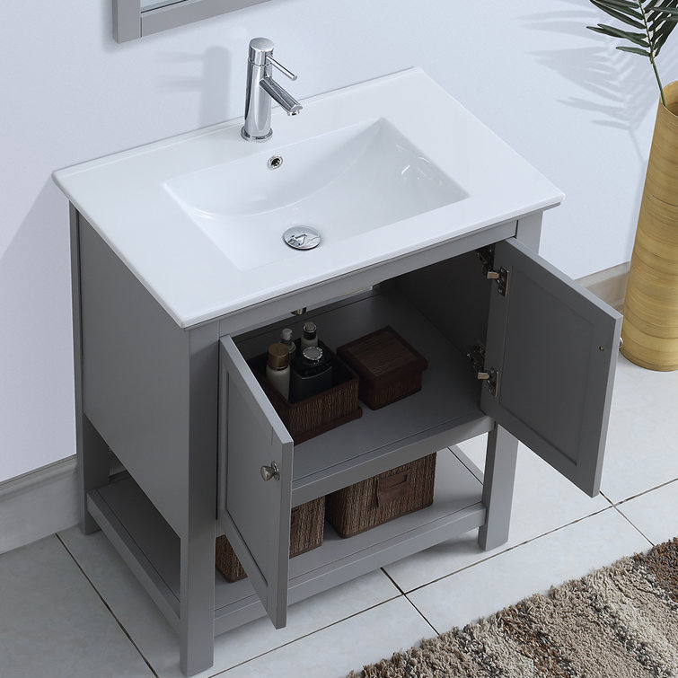 30" Grey Solid Wood & MDF Country Bathroom Vanity with Ceramic Sink