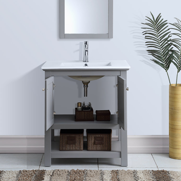 30" Grey Solid Wood & MDF Country Bathroom Vanity with Ceramic Sink