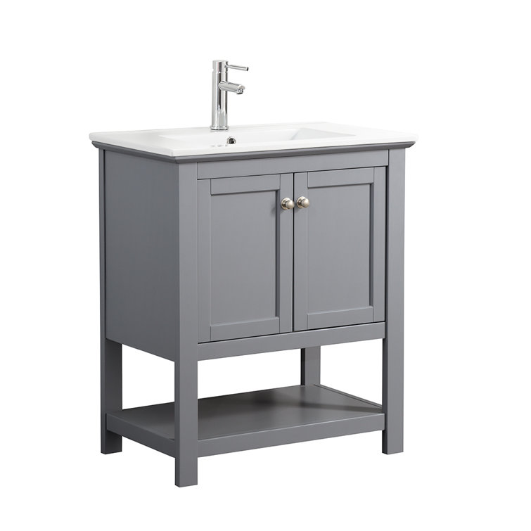 30" Grey Solid Wood & MDF Country Bathroom Vanity with Ceramic Sink