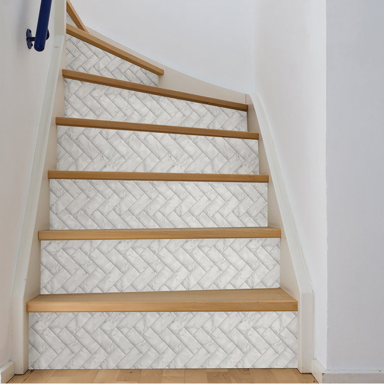 White and Off-White Herringbone Peel and Stick Marble Backsplash Tiles