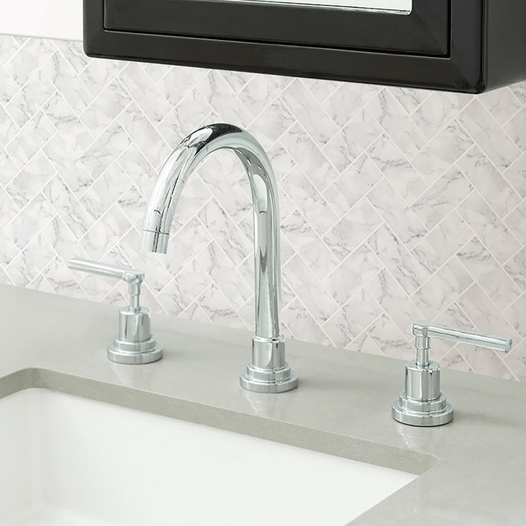 White and Off-White Herringbone Peel and Stick Marble Backsplash Tiles