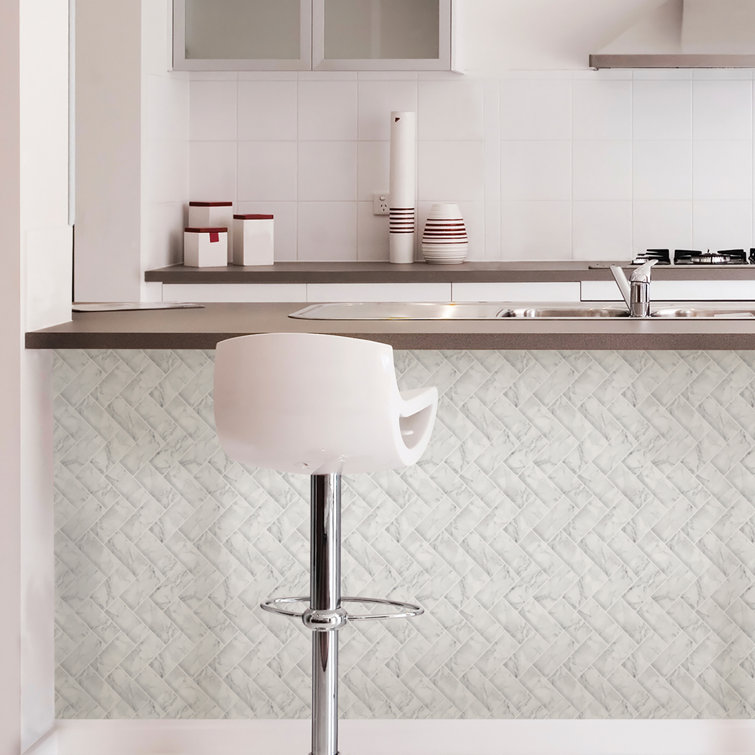 White and Off-White Herringbone Peel and Stick Marble Backsplash Tiles