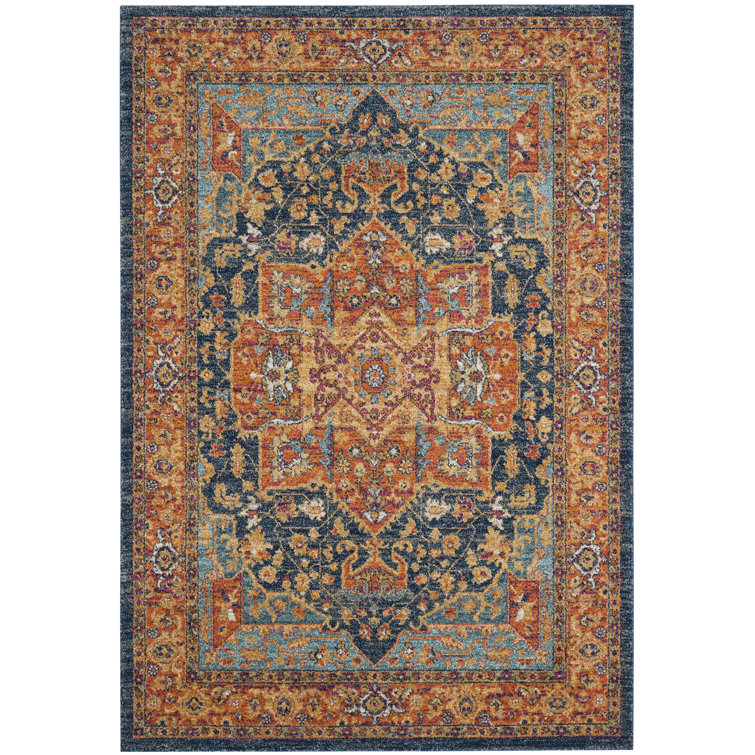 Large Blue and Orange Synthetic Reversible Area Rug