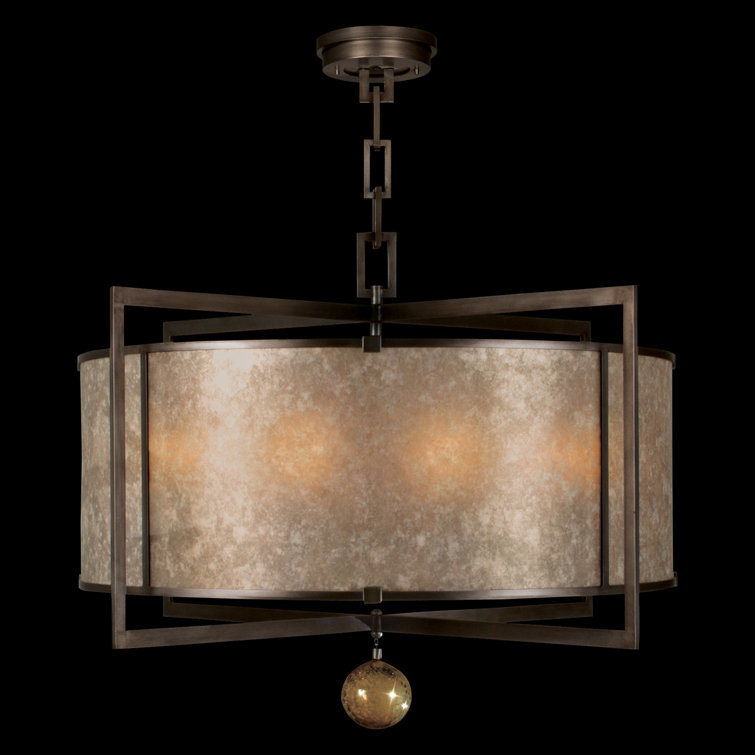 Translucent Mica and Bronze 8-Light Drum Chandelier with Hand Blown Glass Drop