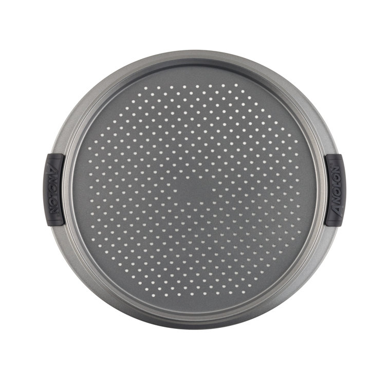 Gray Nonstick Round Perforated Pizza Pan with Silicone Grips
