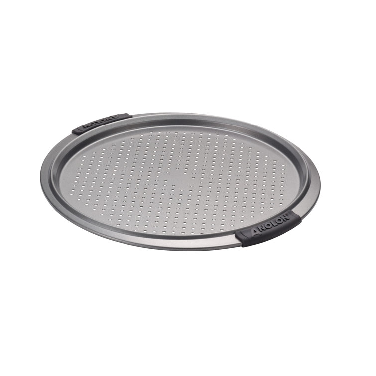 Gray Nonstick Round Perforated Pizza Pan with Silicone Grips