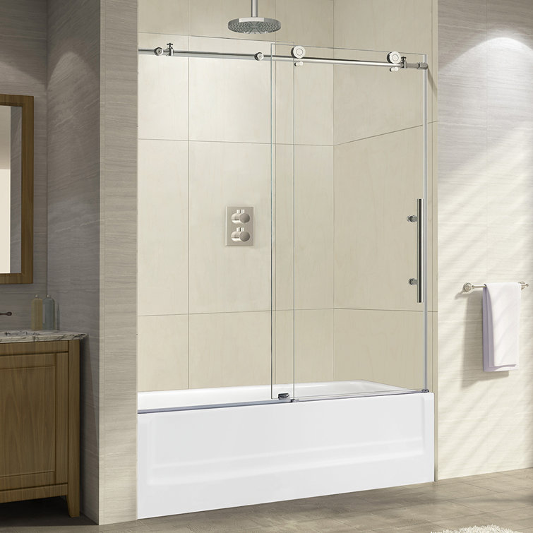 Brushed Nickel Frameless Sliding Shower Door with Clear Glass