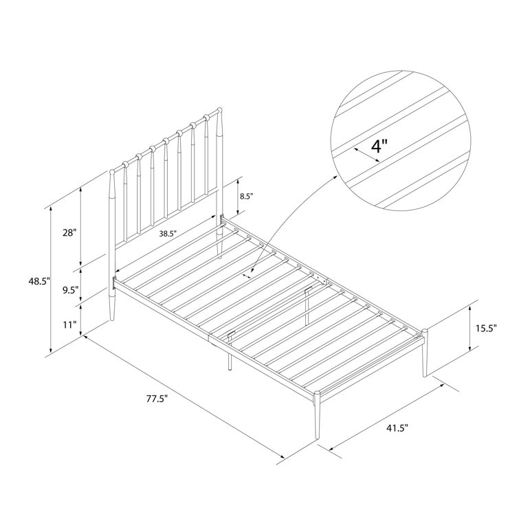Twin Gold Metal Platform Bed with Headboard and Slats